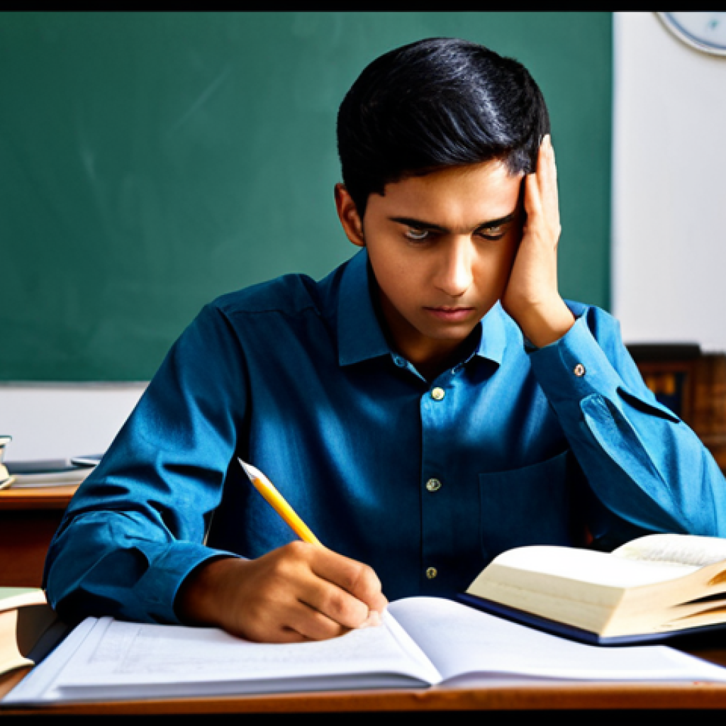 **Image Prompt 1: The Exam-Focused Aspirant**
    A young adult government job aspirant, fully clothed in modest casual attire, is seated at a cluttered desk overflowing with textbooks, notes, and a focused desk lamp illuminating the study materials. The aspirant has a concentrated, slightly overwhelmed expression, with one hand resting near their temple. The background is softly blurred, emphasizing their narrow focus on the immediate task of studying. Professional photography, high detail, realistic, cinematic lighting, safe for work, appropriate content, fully clothed, modest, perfect anatomy, correct proportions, natural pose, well-formed hands, proper finger count, natural body proportions, family-friendly.