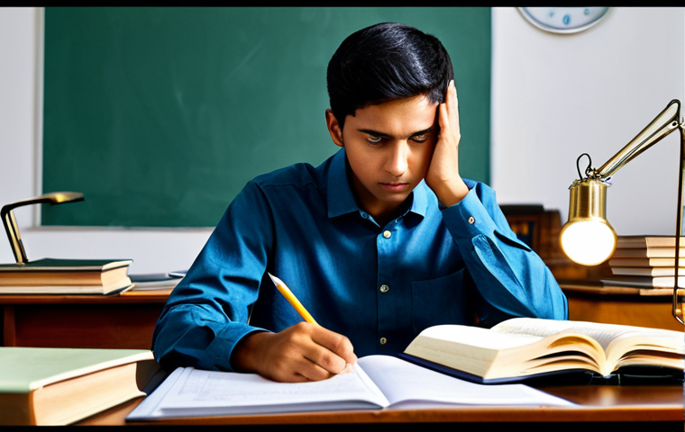 **Image Prompt 1: The Exam-Focused Aspirant**
    A young adult government job aspirant, fully clothed in modest casual attire, is seated at a cluttered desk overflowing with textbooks, notes, and a focused desk lamp illuminating the study materials. The aspirant has a concentrated, slightly overwhelmed expression, with one hand resting near their temple. The background is softly blurred, emphasizing their narrow focus on the immediate task of studying. Professional photography, high detail, realistic, cinematic lighting, safe for work, appropriate content, fully clothed, modest, perfect anatomy, correct proportions, natural pose, well-formed hands, proper finger count, natural body proportions, family-friendly.