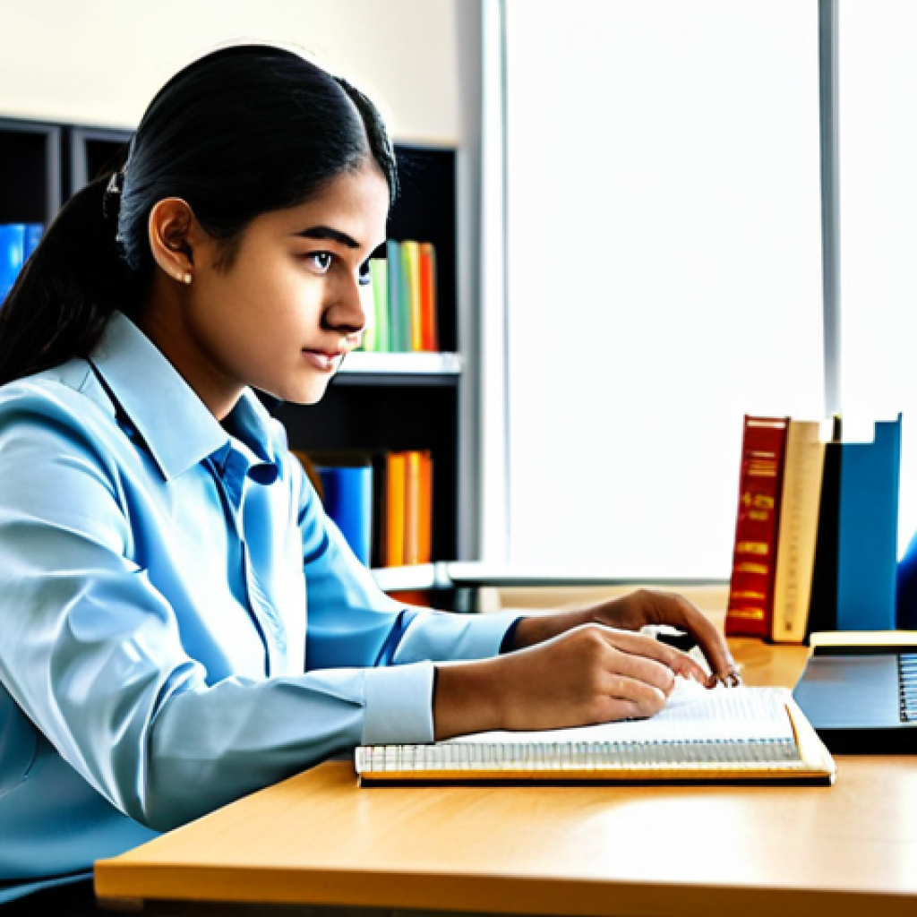 A focused young adult, fully clothed in modest, appropriate attire, deeply engaged in studying for competitive exams. They are seated at a clean, modern desk in a well-lit study room or library. On the desk are a laptop displaying online learning resources, alongside a few open textbooks. The scene emphasizes smart, efficient learning with a blend of digital and traditional methods. The subject displays perfect anatomy, correct proportions, well-formed hands, proper finger count, and natural body proportions, captured in a natural pose. This image is safe for work, appropriate content, fully clothed, and professional photography, high quality, family-friendly.