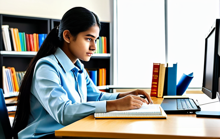 A focused young adult, fully clothed in modest, appropriate attire, deeply engaged in studying for competitive exams. They are seated at a clean, modern desk in a well-lit study room or library. On the desk are a laptop displaying online learning resources, alongside a few open textbooks. The scene emphasizes smart, efficient learning with a blend of digital and traditional methods. The subject displays perfect anatomy, correct proportions, well-formed hands, proper finger count, and natural body proportions, captured in a natural pose. This image is safe for work, appropriate content, fully clothed, and professional photography, high quality, family-friendly.