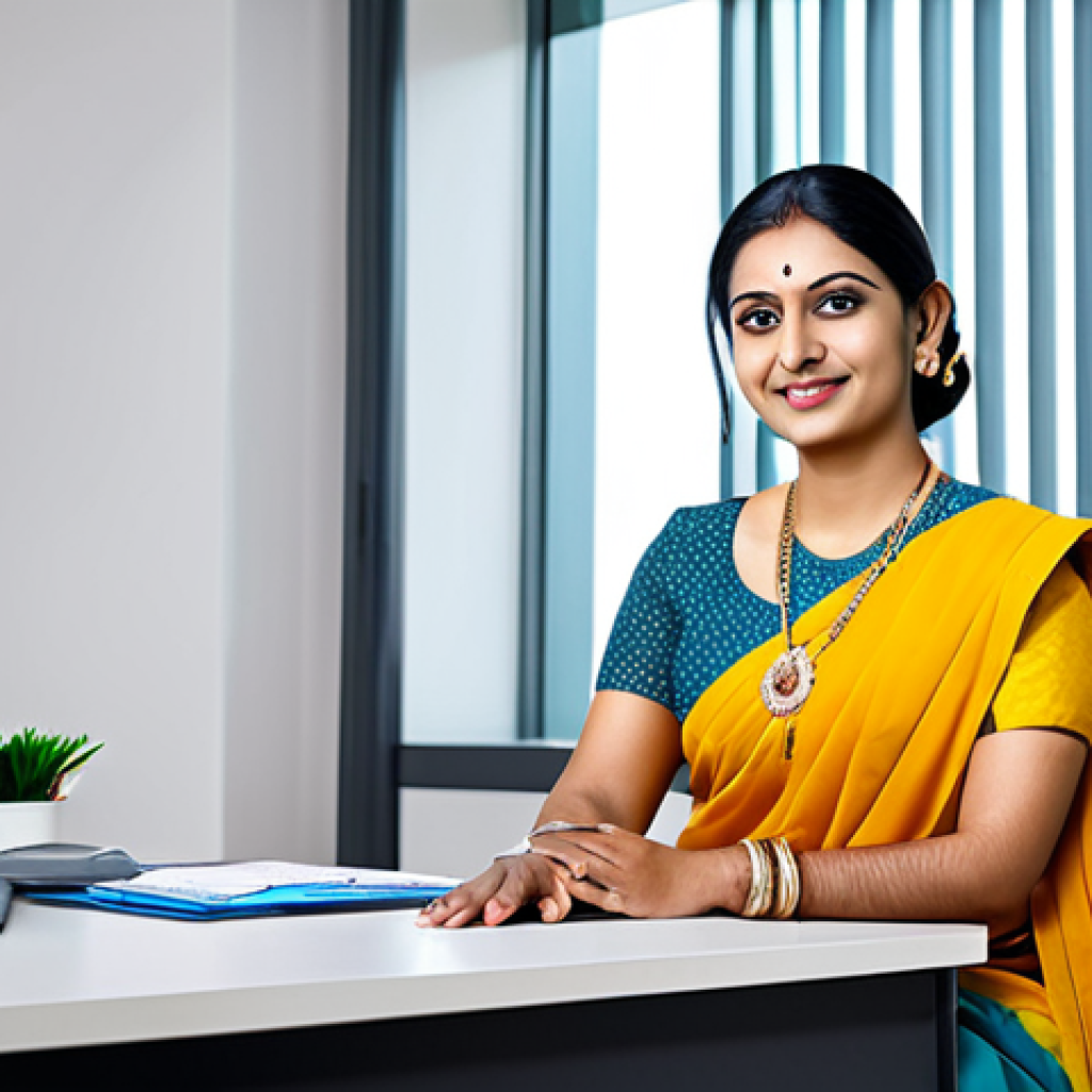 **

A professional government employee in a modest, formal sari, sitting at a tidy desk in a bright, modern office, fully clothed, appropriate attire, safe for work, perfect anatomy, natural pose, professional photography, high quality, family-friendly.

**