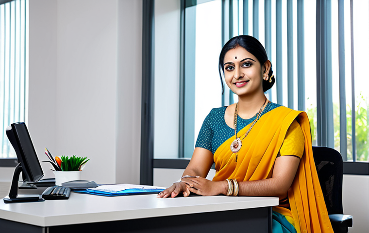 **
A professional government employee in a modest, formal sari, sitting at a tidy desk in a bright, modern office, fully clothed, appropriate attire, safe for work, perfect anatomy, natural pose, professional photography, high quality, family-friendly.
**