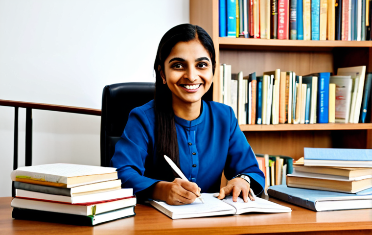 **Image:** A professional woman in a modest salwar kameez, sitting at a desk piled with books and notes. **Setting:** A brightly lit study room with bookshelves in the background. **Details:** She is smiling confidently, holding a pen, ready to study. The scene includes a calendar marking important dates. **Quality:** Perfect anatomy, correct proportions, natural pose, professional, family-friendly, fully clothed, safe for work, appropriate content, high quality.
