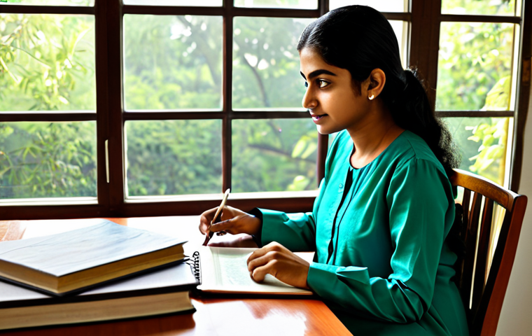 공무원 시험 중 스트레스 관리 방법 - **Prompt:** A young woman wearing a modest salwar kameez, studying at a desk filled with books and n...