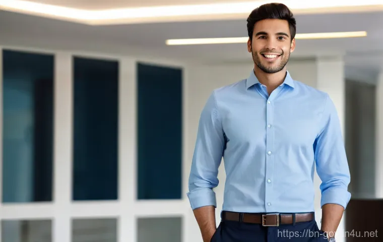 공무원 면접 발표 준비 팁 - **Prompt:** A confident young professional, male, mid-20s, wearing a neatly pressed light blue butto...