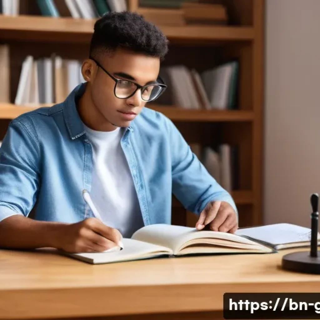 공무원 시험을 빠르게 통과하는 전략 - A dedicated young adult, dressed in smart casual attire, sits at a clean, well-organized wooden desk...