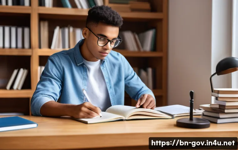 공무원 시험을 빠르게 통과하는 전략 - A dedicated young adult, dressed in smart casual attire, sits at a clean, well-organized wooden desk...