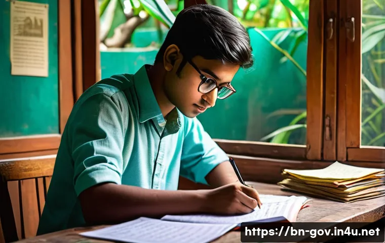 공무원 시험 대비를 위한 추천 학습법 - A focused young Bengali student studying at a traditional wooden desk in a cozy room filled with Ben...