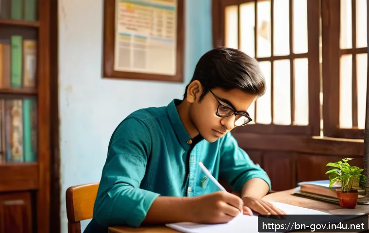 공무원 시험 필수 과목 추천 학습법 - A focused young Bengali student sitting at a wooden study desk in a cozy room, surrounded by Bengali...