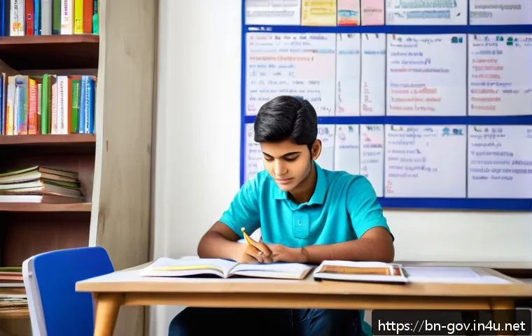 공무원 시험 준비에 필요한 필수템 - A focused Bengali student sitting at a clean, quiet study desk in a well-lit room, surrounded by mod...