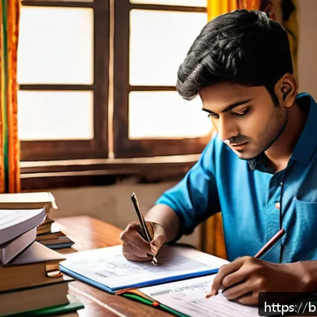 공무원 시험 우대 가산점 활용법 - A detailed illustration of a young Bengali man preparing for a government job exam, sitting at a woo...