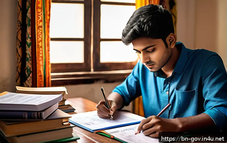 공무원 시험 우대 가산점 활용법 - A detailed illustration of a young Bengali man preparing for a government job exam, sitting at a woo...