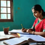 공무원 시험에서 놓치기 쉬운 항목 - A focused Bengali young adult studying intensely at a desk cluttered with Bengali language books, pr...