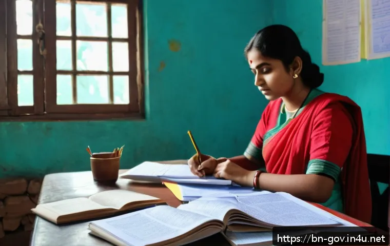 공무원 시험에서 놓치기 쉬운 항목 - A focused Bengali young adult studying intensely at a desk cluttered with Bengali language books, pr...