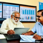 공무원 연금 개정안 이해하기 - A professional Bengali government pension officer sitting at a modern desk with a laptop, assisting ...