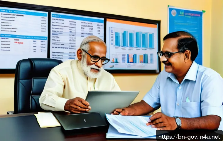 공무원 연금 개정안 이해하기 - A professional Bengali government pension officer sitting at a modern desk with a laptop, assisting ...