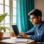 공무원 시험 준비를 위한 주요 학습법 및 도구 - A focused young Bengali student sitting at a tidy study desk in a modern room, using a laptop and sm...