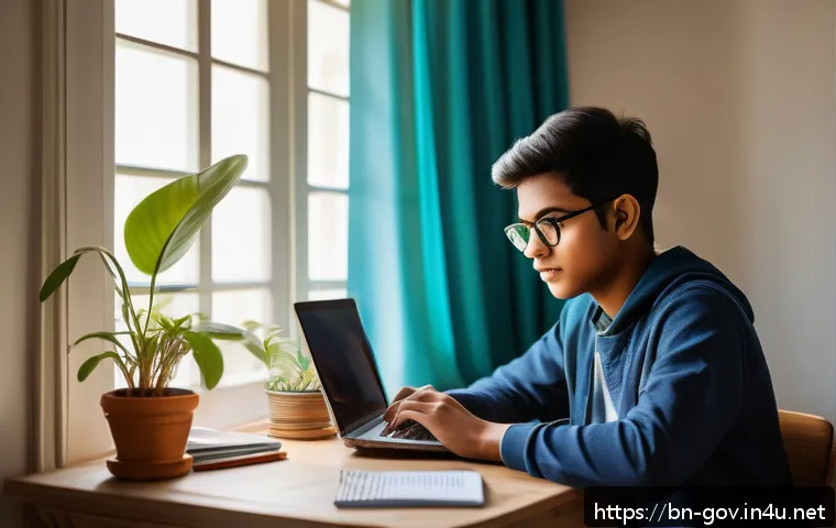 공무원 시험 준비를 위한 주요 학습법 및 도구 - A focused young Bengali student sitting at a tidy study desk in a modern room, using a laptop and sm...