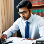 공무원 시험 자기소개서 작성법 - A professional office scene showing a confident young Bengali man dressed in formal attire, sitting ...