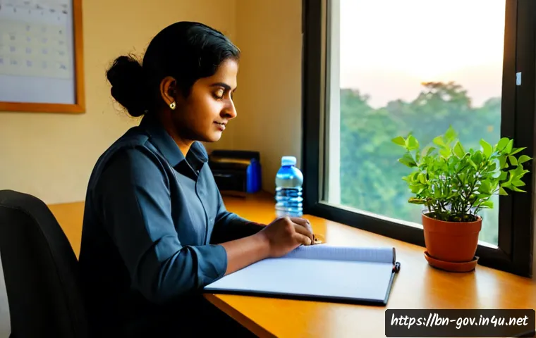 공무원 생활 중 지속 가능한 자기계발 - Photorealistic scene of a Bangladeshi public-sector office worker in modest professional attire usin...